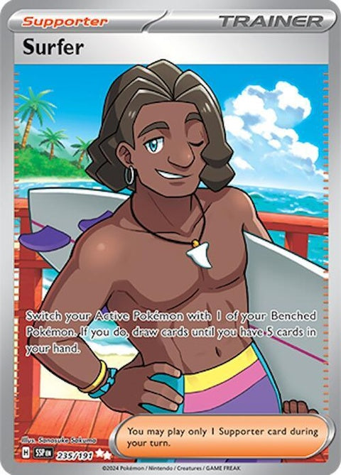 Pokémon Surging Sparks Surfer 235 single trading card featuring a Pokémon character on a vibrant background.