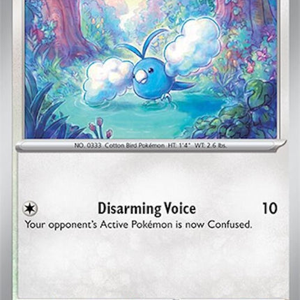 Pokémon Surging Sparks Swablu card from Singles set, featuring Swablu with vibrant artwork and detailed Pokémon branding.