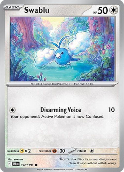 Pokémon Surging Sparks Swablu card from Singles set, featuring Swablu with vibrant artwork and detailed Pokémon branding.