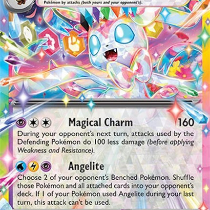Pokémon Surging Sparks Sylveon EX single card featuring vibrant artwork of the Fairy-type Pokémon Sylveon in a dynamic pose.