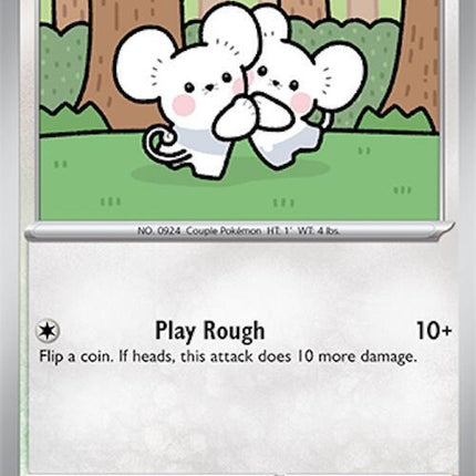 Pokémon Surging Sparks Tandemaus 157 singles card featuring Tandemaus in a dynamic pose on a colorful background.