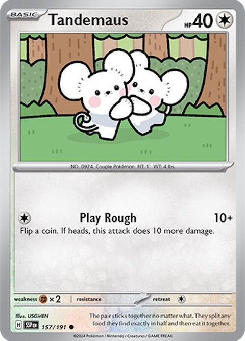 Pokémon Surging Sparks Tandemaus 157 singles card featuring Tandemaus in a dynamic pose on a colorful background.