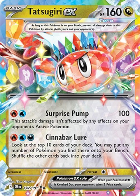 Pokémon Surging Sparks Tatsugiri EX single card with vibrant artwork featuring a colorful Tatsugiri Pokémon.