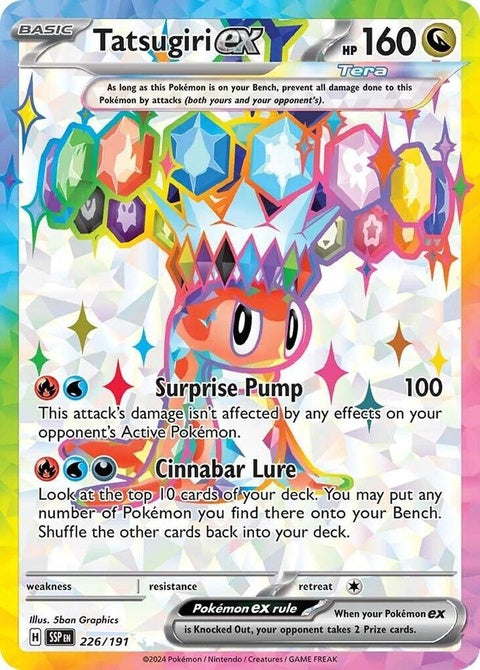 Pokémon Surging Sparks Tatsugiri-EX card, featuring detailed artwork of the Pokémon in vibrant colors and dynamic pose.