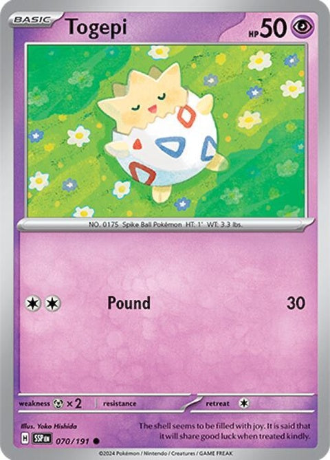 Pokémon Surging Sparks Togepi 70-card from Singles collection, featuring a cute Togepi Pokémon in vibrant artwork.