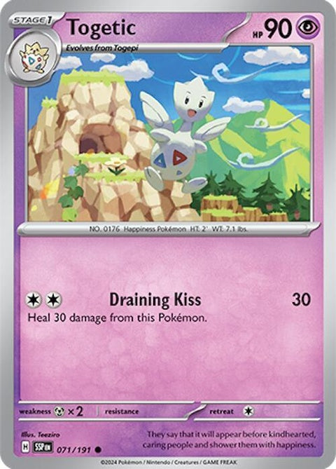 Pokémon Surging Sparks Togetic 71 trading card from the Singles series, featuring colorful artwork of Togetic.