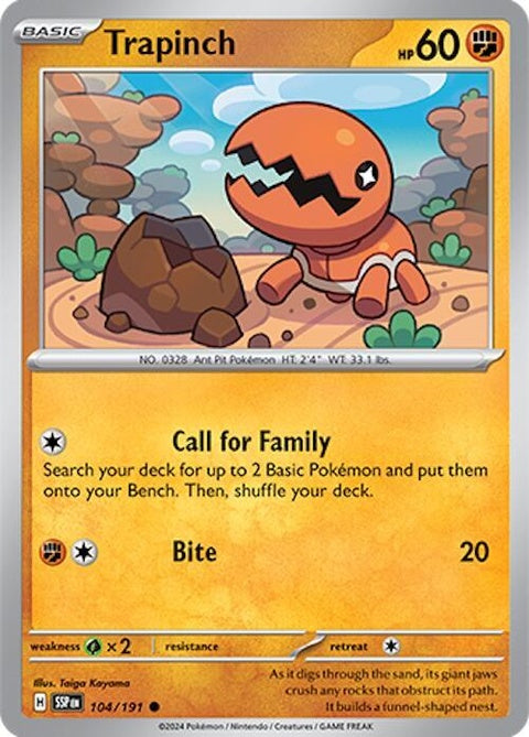 Pokémon Surging Sparks Trapinch 104 single card featuring Trapinch from the Surging Sparks set.