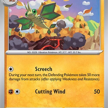 Pokémon Surging Sparks Vibrava 105 single card featuring vibrant illustration and detailed artwork of the Bug and Dragon-type Pokémon.
