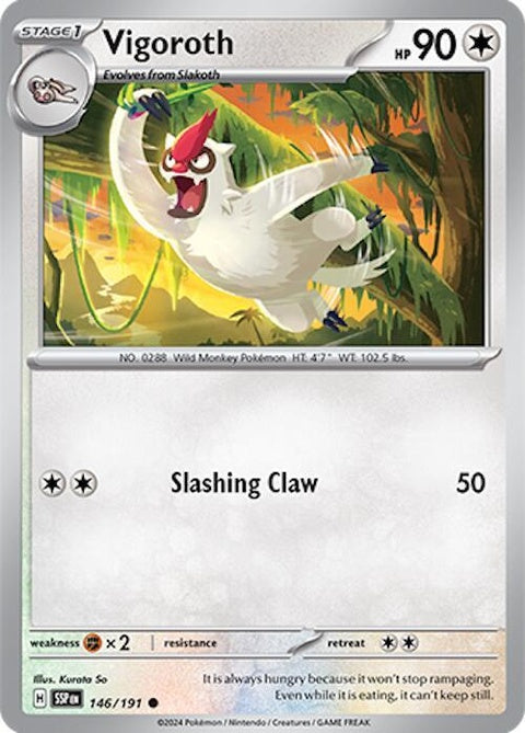 Vigoroth Pokémon card from Surging Sparks set, featuring a dynamic illustration of the Normal-type Pokémon in a vibrant scene.