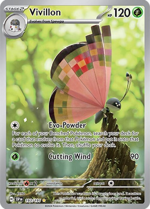 Pokémon Surging Sparks Vivillon #193 trading card featuring vibrant butterfly wings and artwork on a white background.
