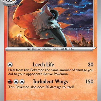 Pokémon Surging Sparks Volcarona card, single from the Pokémon trading card game, featuring detailed artwork of the fire moth.