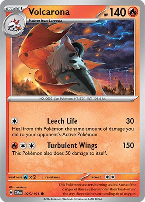 Pokémon Surging Sparks Volcarona card, single from the Pokémon trading card game, featuring detailed artwork of the fire moth.