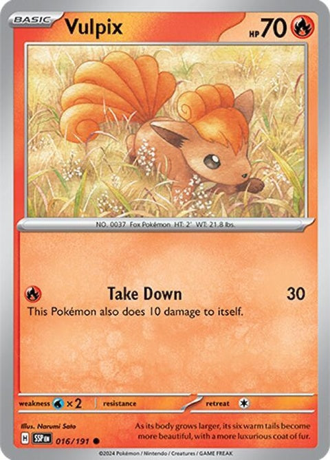 Vulpix Pokémon card from Surging Sparks set, featuring an illustration of Vulpix in a dynamic pose.