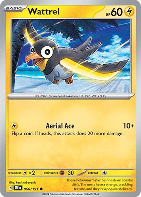 Pokémon Surging Sparks Wattrel 66 singles card featuring Wattrel with vibrant artwork and dynamic design.