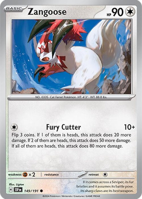 Pokémon Surging Sparks Zangoose trading card from the Singles collection, featuring Zangoose in dynamic design.