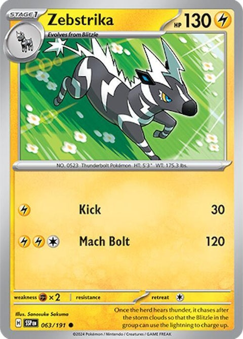 Pokémon Surging Sparks Zebstrika 63 single card featuring Zebstrika Electric Pokémon from the Pokémon trading card game.