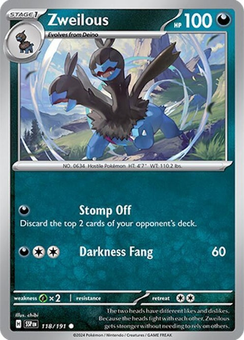 Pokémon Surging Sparks Zweilous 118 single card featuring a fierce two-headed dragon Pokémon from the Pokémon trading card game.