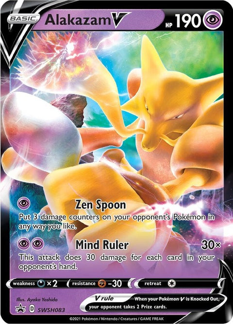Pokémon Sword & Shield Black Star Promos Alakazam V card from SWSH083, featuring Alakazam V with detailed artwork and card design.
