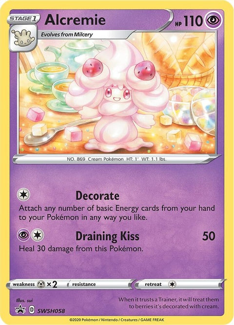 Pokémon Sword & Shield Black Star Promo card featuring Alcremie from the SWSH058 set, showcasing detailed artwork and branding.
