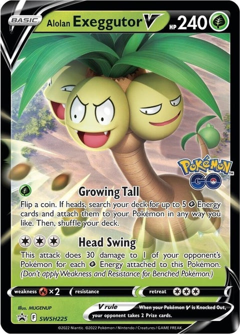 Pokémon Sword & Shield Black Star Promo Alolan Exeggutor V card featuring vibrant artwork and detailed illustration.