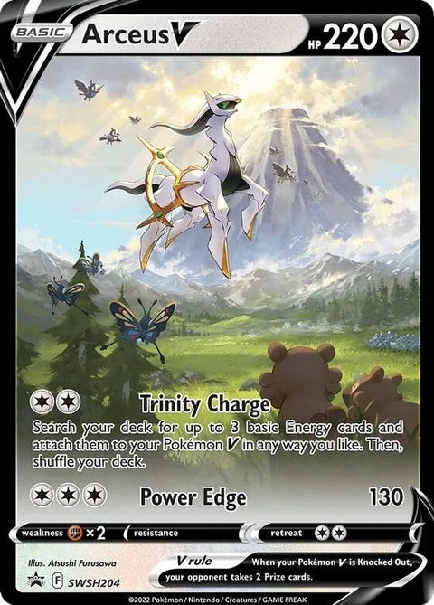 Pokémon Sword & Shield Black Star Promo Arceus V card from SWSH204, featuring artwork of Arceus V on a black background.