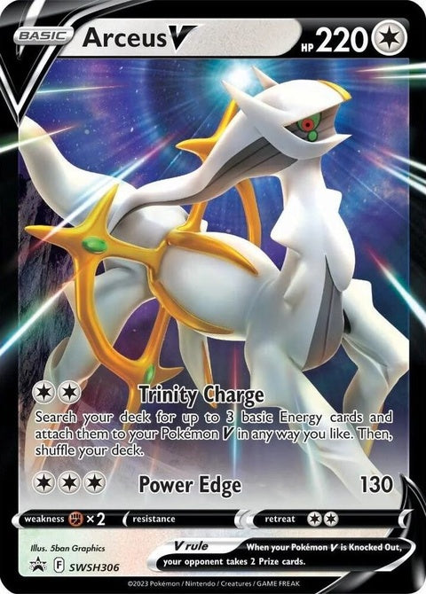 Pokémon Sword & Shield Black Star Promo Arceus V card from SWSH306 featuring artwork of Arceus V in a Pokémon trading card image.