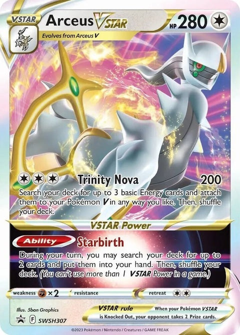 Pokémon Sword & Shield Black Star Promo Arceus Vstar card, featuring artwork of the Pokémon Arceus in a gaming card format.