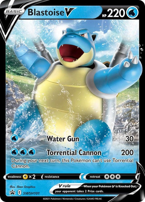 Pokémon Blastoise V Sword & Shield Black Star Promo card from SWSH101, featuring artwork of Blastoise in a dynamic pose.