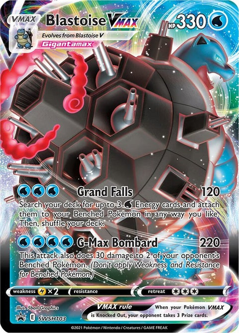 Pokémon Sword & Shield Black Star Promo Blastoise Vmax card from the SWSH103 set, featuring a detailed illustration of Blastoise Vmax.