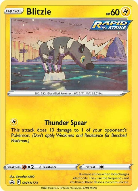 Pokémon Sword & Shield Black Star Promo Blitzle card, featuring a black and yellow electric Pokémon on a vibrant background.