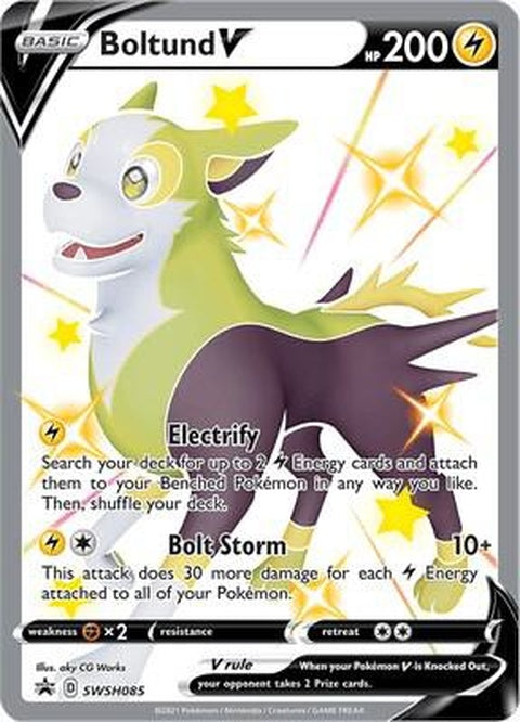 Pokémon Sword & Shield Black Star Promo Boltund V card featuring Boltund Pokémon on a vibrant background.