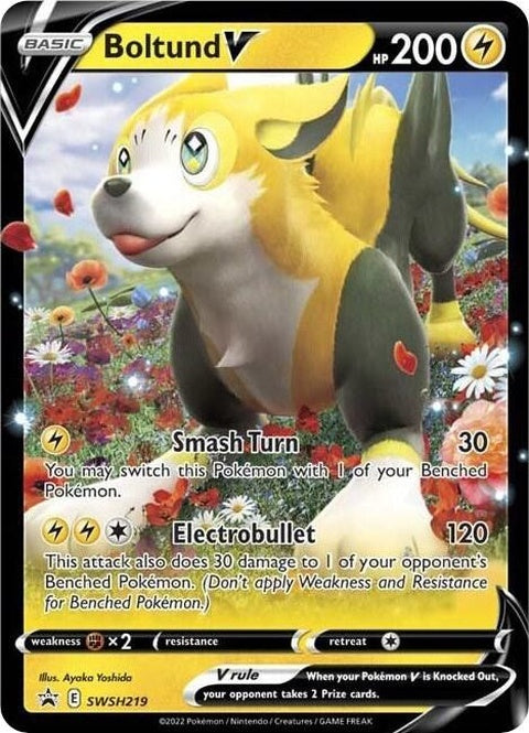 Pokémon Sword & Shield Black Star Promo Boltund V card, featuring Boltund V Pokémon character with dynamic artwork.