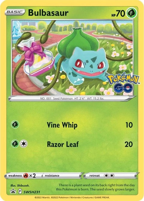 Pokémon Sword & Shield Black Star Promo card featuring Bulbasaur from the SWSH231 set, with detailed artwork and branding.