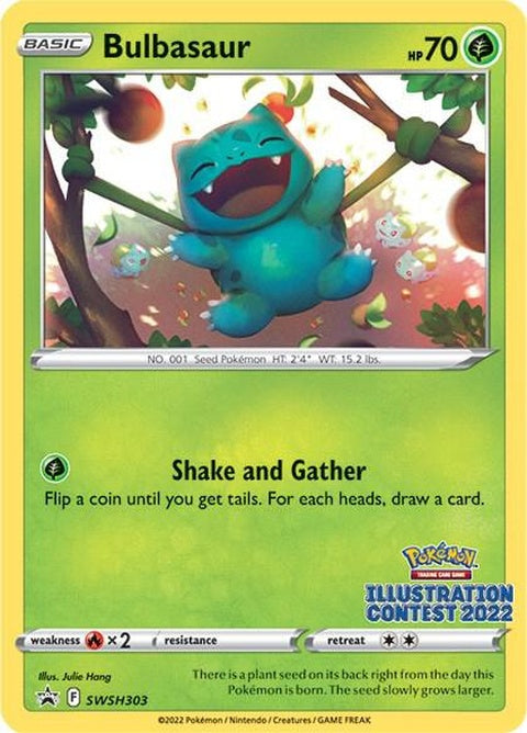 Pokémon Sword & Shield Black Star Promo Bulbasaur card from the SWSH303 Illustration Contest 2022, featuring Bulbasaur illustration.