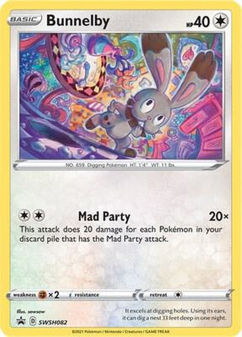 Pokémon Sword & Shield Black Star Promo card featuring Bunnelby from the SWSH082 set, detailed illustration on a black background.