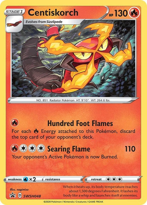 Pokémon Sword & Shield Black Star Promos Centiskorch SWSH048 single card featuring a fiery Centiskorch Pokémon.