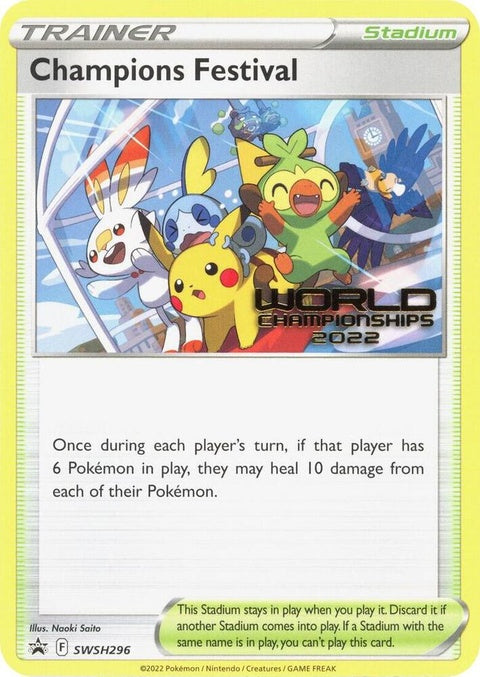 Pokémon Sword & Shield Black Star Promo card SWSH296 from Champions Festival at World Championships 2022, featuring artwork of Pokémon.