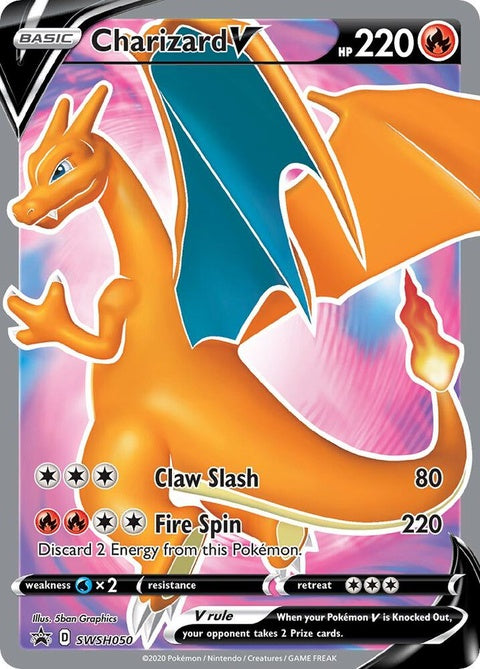 Pokémon Sword & Shield Black Star Promo Charizard V trading card featuring Charizard artwork and branding.