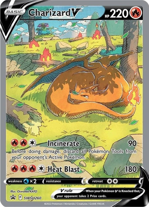Pokémon Sword & Shield Black Star Promo Charizard V card from SWSH260 set, featuring vibrant artwork of the iconic fire Pokémon.