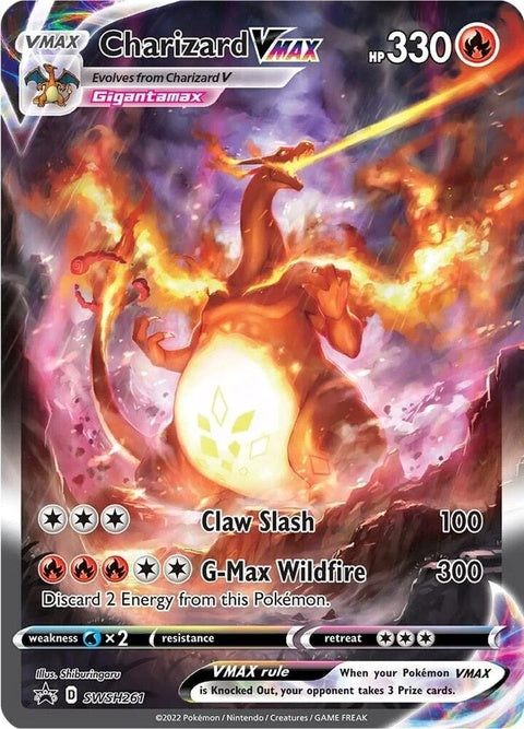Pokémon Sword & Shield Black Star Promo Charizard Vmax card featuring vibrant artwork and detailed design.
