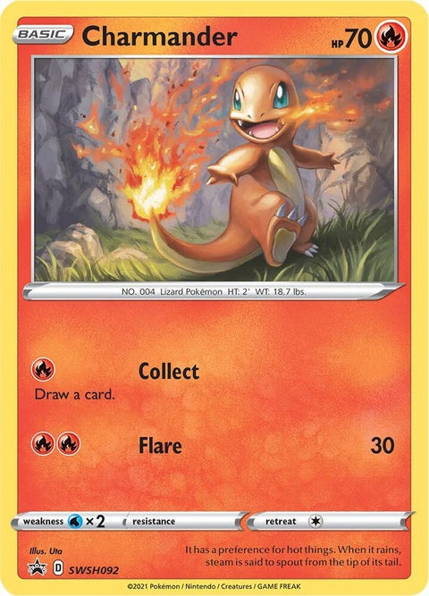 Pokémon Sword & Shield Black Star Promo Charmander card, featuring artwork of the fiery lizard Pokémon in a close-up view.