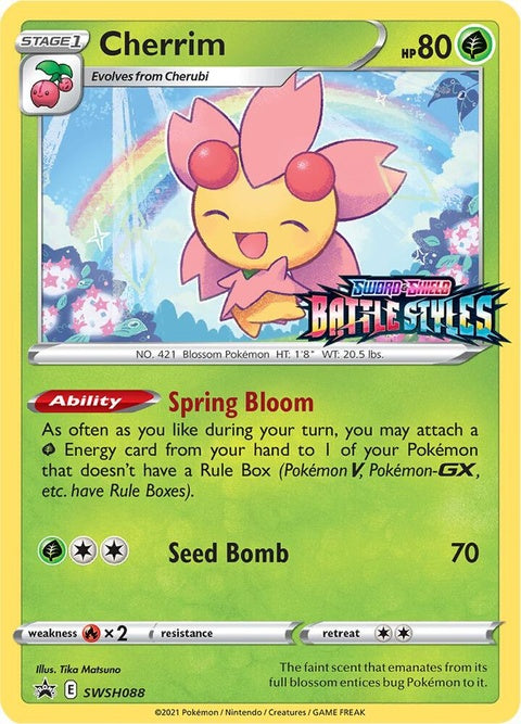 Pokémon Sword & Shield Black Star Promo Cherrim SWSH088 prerelease card, featuring Cherrim in a dynamic pose with vibrant artwork.