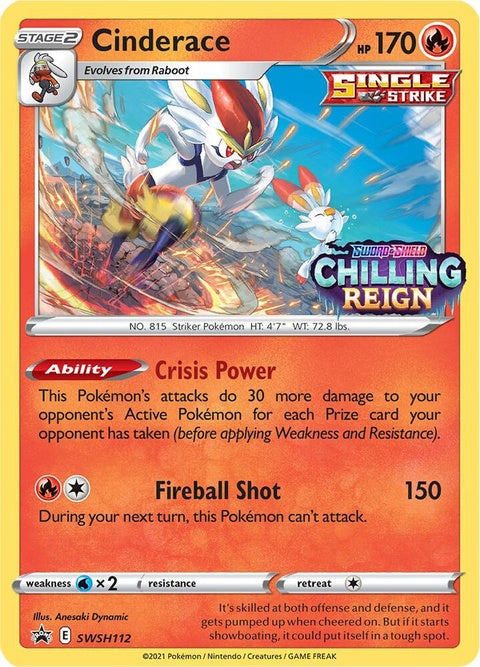 Pokémon Sword & Shield Black Star Promo Cinderace card from SWSH112 prerelease set, featuring illustration of Cinderace.