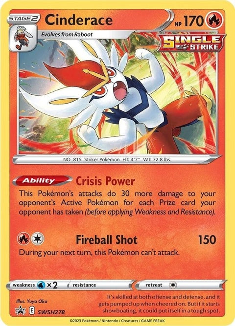 Pokémon Sword & Shield Black Star Promo card featuring Cinderace from the SWSH278 set, with vibrant artwork and detailed character image.