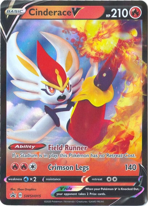 Pokémon Sword & Shield Black Star Promo Cinderace V trading card from the SWSH015 set, featuring a fiery Cinderace illustration.