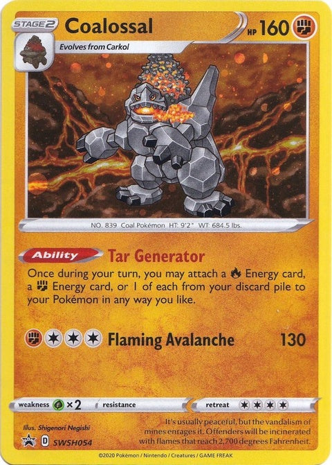 Pokémon Sword & Shield Black Star Promo Coalossal card from SWSH054 set, featuring Coalossal illustration on a black background.