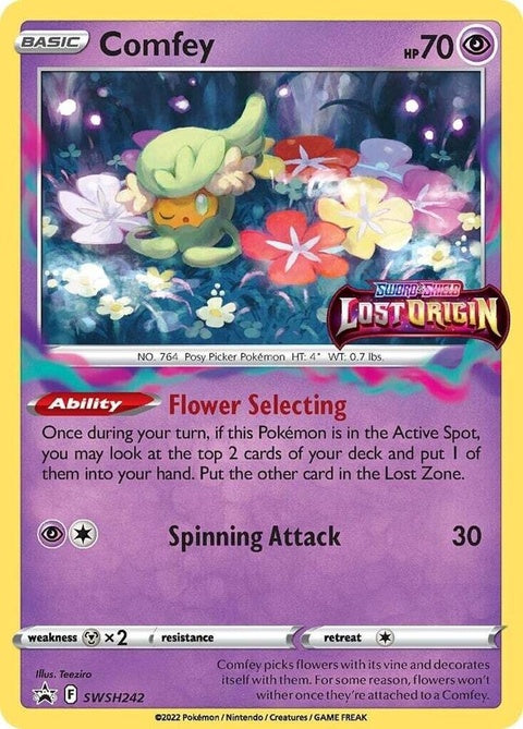 Pokémon Sword & Shield Black Star Promos Comfey prerelease single card from SWSH242 set, featuring colorful artwork and Pokémon branding.
