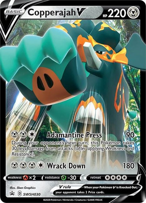 Pokémon Sword & Shield Black Star Promo Copperajah V card from SWSH030 featuring Copperajah, a large gray elephant Pokémon.