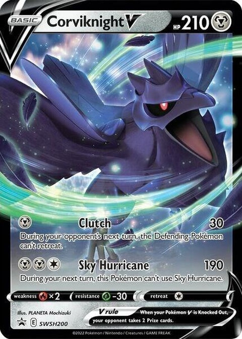 Pokémon Sword & Shield Black Star Promos Corviknight V card, featuring detailed artwork of a large, dark gray bird with blue accents.