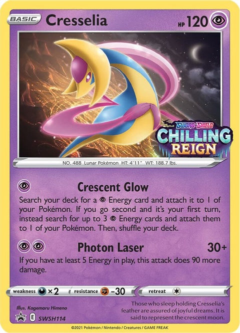 Pokémon Sword & Shield Black Star Promo Cresselia SWSH114 prerelease card, featuring detailed illustration on a black background.